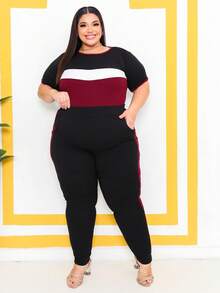 Women's Plus Size Set Jogger Pants And Short Sleeve Blouse - GG123 - Crepe Knit - Màu Đỏ Sâu - Xem 4