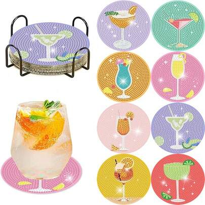 8pcs Diamond Art Painting Coasters With Holders, DIY Beautiful Pattern Series Diamond Art Coasters, Suitable For Adults And Beginners Diamond Painting Kits, Diamond Craft Supplies, Exquisite Gifts For Friends
