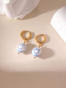 GEREIT 1 Pair Vintage Blue & White Porcelain Tulip 18K Gold Stainless Steel Dangle Earrings, Suitable For Women's Daily Accessories