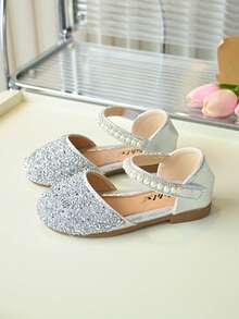 1 Pair Fashionable Versatile Pink Girl's Pearl & Rhinestone Bow Cute Flat Sandals, Round Toe Casual, Dance, Outdoor Wear, Spring & Autumn, Sequin Decor Closed Toe Princess Shoes - Silver - View 3