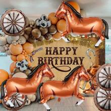 7pcs Western Cowboy Theme Horse Carriage Wheel Aluminum Foil Balloon Set, Irregular Brown Horse & Carriage Wheel Aluminum Foil Balloons, Suitable For Birthday Party, Theme Party, Anniversary, Equestrian Race, Retro, Outdoor Events, Holidays Decoration
