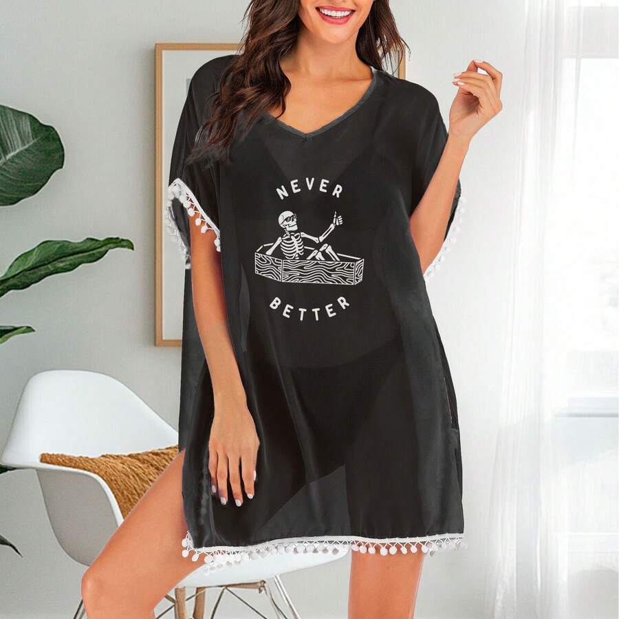 Women Beach Cover Up Swimsuit Never Better Bathing Suit Dress Summer Swimwear Coverup - Black - View 1