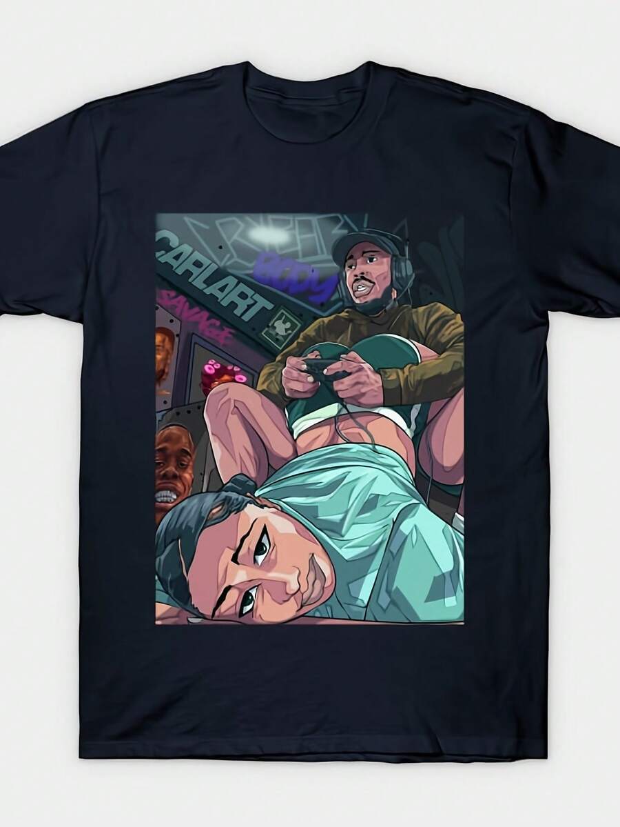 Chaos Men's Birthday Gift, Valentine's Day Gift, Comfortable Cotton Crew Neck Short Sleeve Pattern Printed T-Shirt 180g, Valentine's Day Exclusive T-Shirt, Machine Washable - 黑色 - 查看 1
