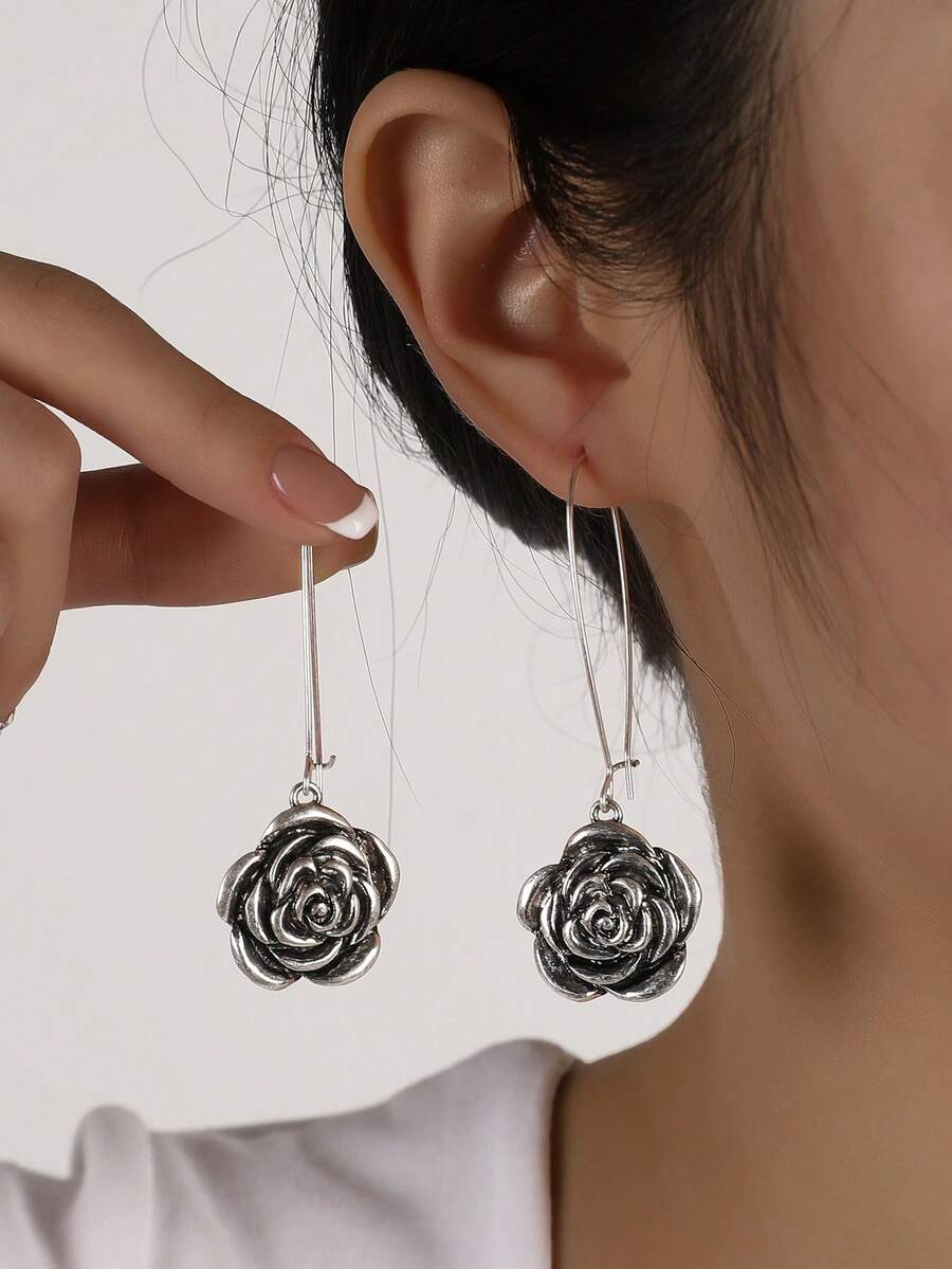 Pendientes vintage de gota con rosas 3D, aptos para uso diario - pendiente - Ver 1