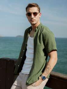 Men's Short Sleeve Shirt With Priest Collar Premium Quality Light And Fresh Fabric Easy To Iron - Olive Green - View 5