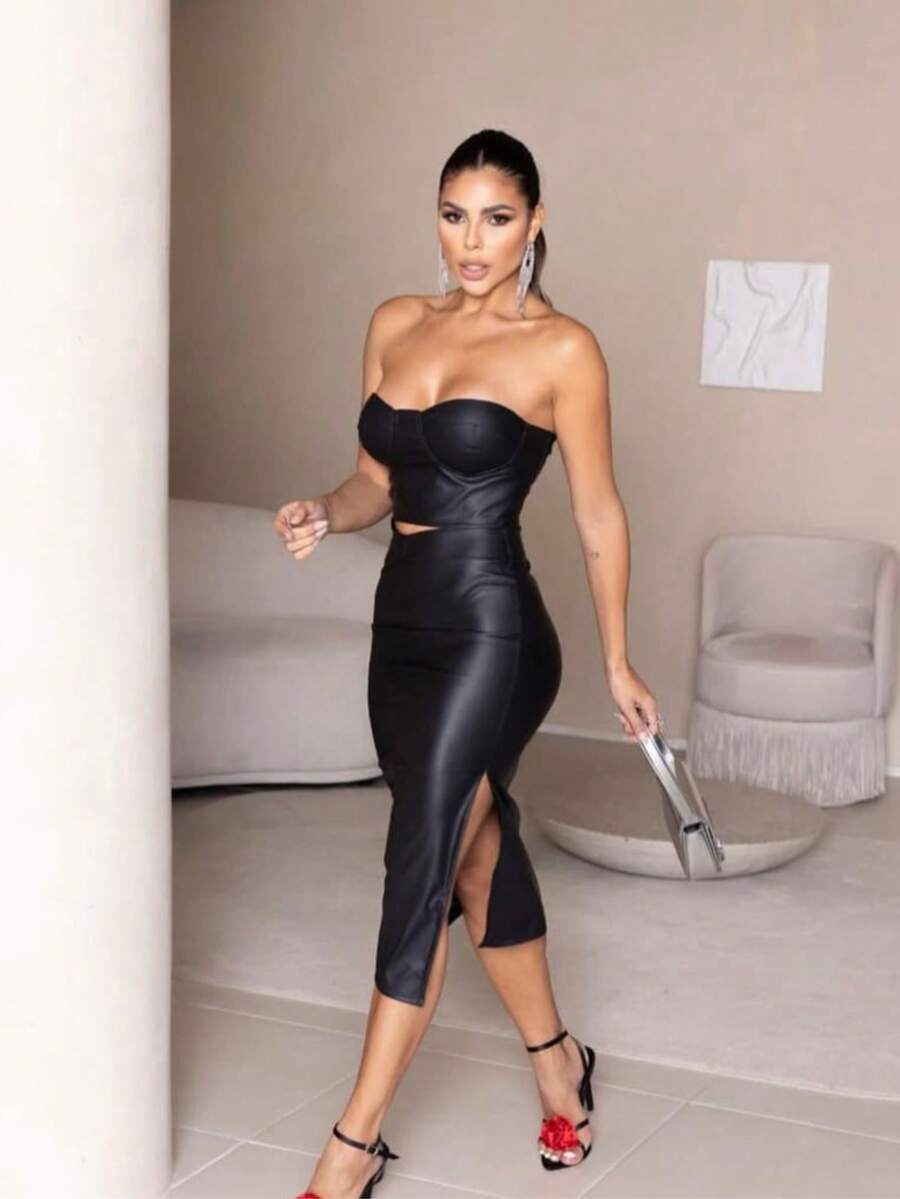 Top Set With Long Skirt With Slit Leatherette Blogger Fall Winter 2025 - màu đen - Xem 1