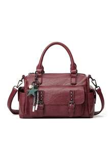 Vintage Style Solid Color PU Leather Crossbody Bag With Zipper Closure And Polyester Lining For Women - European Fashion Large Capacity Shoulder Handbag - Burgundy - View 2