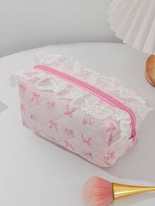 1 件/套粉色蝴蝶结和玫瑰设计大容量化妆品收纳袋带蕾丝，旅行护肤抽绳收纳袋，卫生巾包短途旅行必备时尚便携式化妆包，多功能收纳袋，可装口红、卫生巾、硬币、钥匙等，大容量可爱洗漱包，旅行收纳化妆包，母亲节礼物，返校礼物
