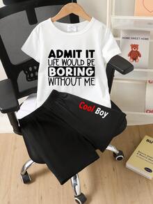 2pcs Boys Casual Letter Slogan Printed Short Sleeve T-Shirt And Shorts Set - Black and White - View 1
