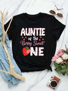 Camiseta gráfica de fresa dulce y linda - Camiseta de manga corta para mujer, top de verano, regalo para tía, conjuntos a juego para la familia - Negro - Ver 1