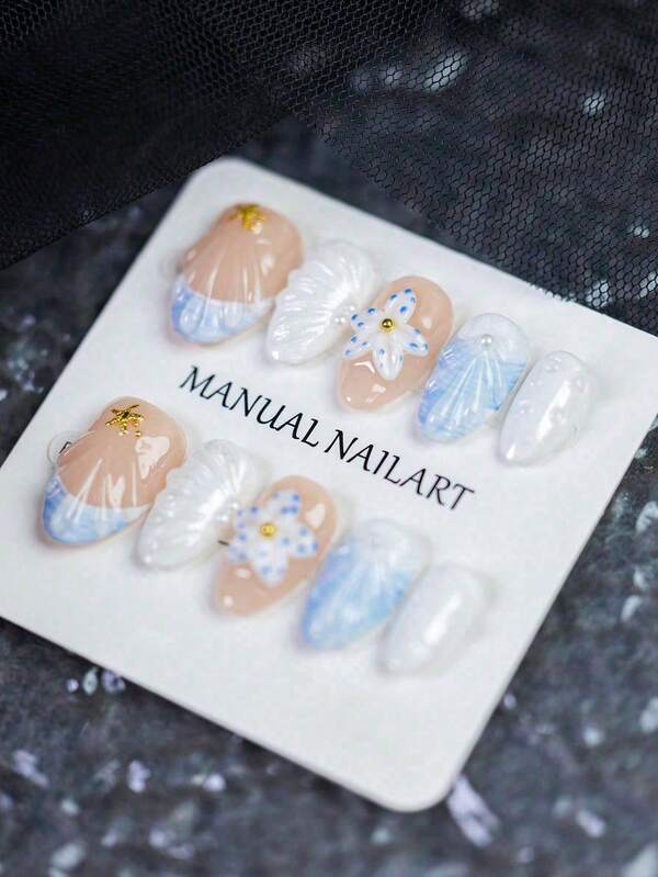 10pcs Of Handmade Dreamy Blue 3D Flower Short Almond Shaped Press On Nails, Featuring 3D Flower Design And Golden Starfish Embellishment, Suitable For Women And Girls' Daily, Vacation, And Party Wear. It Is An Excellent Gift For Women And Girls
