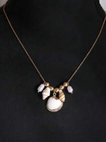 1pc Minimalist Fashion Seashell Beaded Pendant Necklace, Women Beach Holiday Everyday Jewelry
