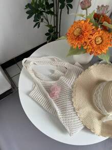 Summer Beach Hollow Woven Tote Bag, Foldable Design, Oversized Women's Handbag, Beach Bag; New Fashionable Floral Embroidery Shoulder Bag Suitable For Summer Beach, Vacation, Valentine's Day