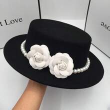 Women Wool Boater Hat Pearl Flower Decor Classic Flat Top Fedora Hat Personalized Wide Brim Church Derby Cap - 黑色 - 查看 4