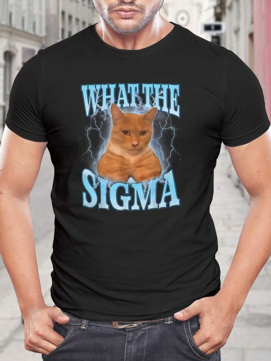 Camiseta divertida de gato Sigma - Camiseta meme de gatito atigrado naranja y rayo para hombres y mujeres - Humor de macho alfa - Regalo para amantes de los gatos gamers - Negro - Ver 1