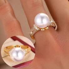 1 件女士时尚方晶锆石浪漫风格戒指，时尚珍珠戒指 - 銀色 - 查看 8