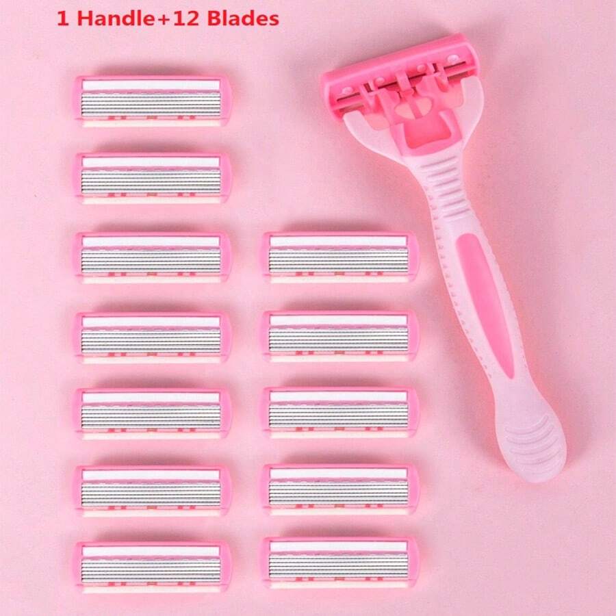 1个手柄+12个刀片/手动女士比基尼剃毛器，6层不锈钢刀片，可更换刀片