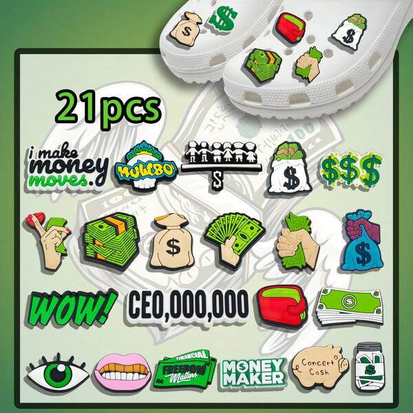 21pcs Dollar Theme DIY Shoe & Keychain Accessories, PVC Wood Clogs Charms, High-Quality Decor, Great Gifts For Christmas, Birthday, Party