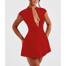 Women Sexy Mini Dress Deep V Neck Cap Sleeve A Line Dress Short Formal Dresses Party Club - Red - View 4
