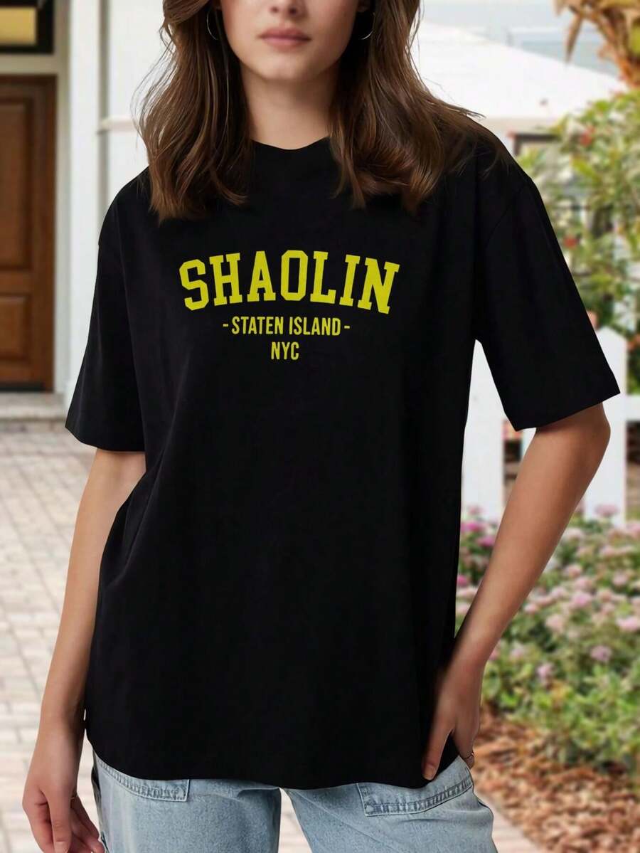 Camiseta retro gráfica de Shaolin de Staten Island, Nueva York, para mujer. Estilo hip hop de artes marciales, cuello redondo, ropa urbana de calle - Negro - Ver 1