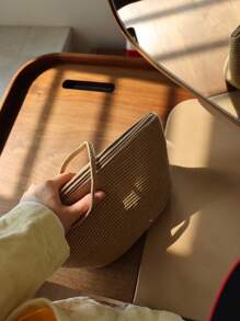 Woven Bag For Spring And Summer, Travel Organizer Bag, Solid Color Woven Storage Bag, Outdoor Portable Casual Beach Tote Handbag, Cosmetic Bag