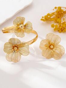 Bộ trang sức nhẫn và vòng tay hoa 2 chiếc/bộ, Quà tặng thời trang hàng ngày cho nữ, Tiệc tùng, Ngày lễ, Phụ kiện hẹn hò - Vàng - Xem 2