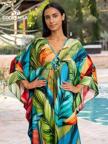 女式宽松V领热带植物印花蝙蝠袖沙滩罩衫连衣裙 - 綠色 - 查看 4