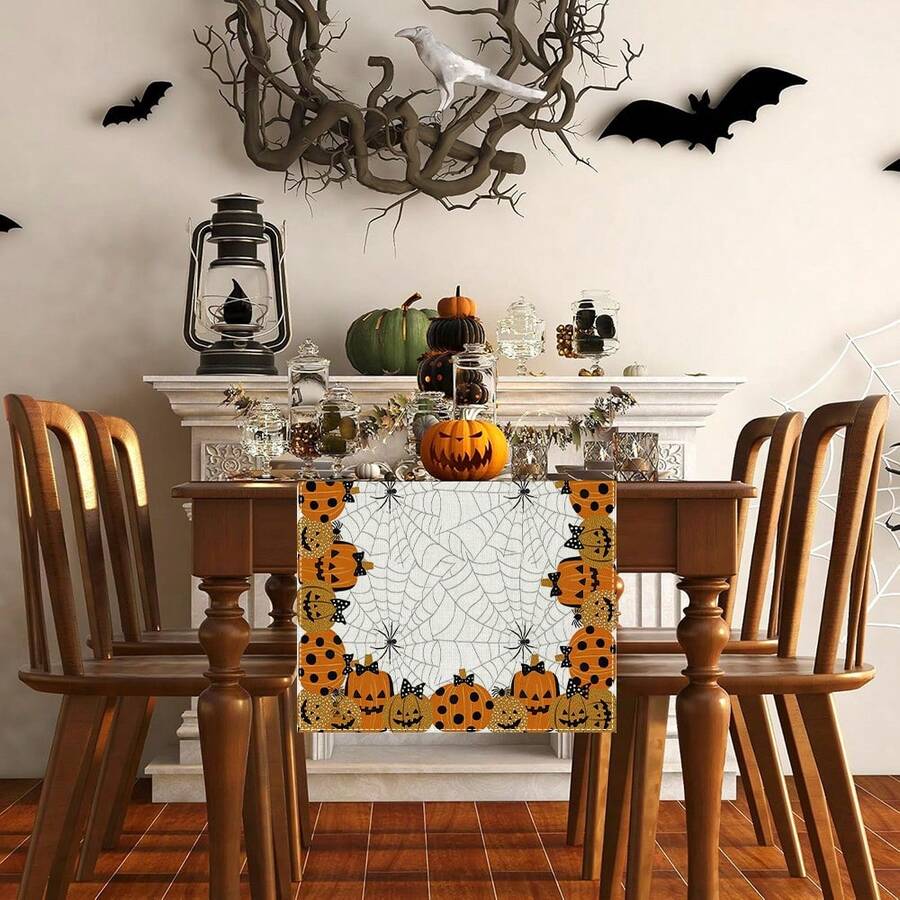 1pc Halloween Elemental Pattern Table Flag, Made Of 72 Inch Knitted Polyester Fiber, Used For Holiday Gathering Tables, Home Kitchen Decoration Gatherings, And Gifts