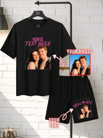 Customized 2 Pieces Set For Men, T-Shirt And Shorts, Casual, Loose, Streetwear, Sportswear, Vacation, Outdoor, Spring, Summer, Autumn, Suitable For Boyfriend, Family, Friends Birthday, Can Use Your Own Photo/Logo, Suitable For Couples, Pranks, Surprise Gifts