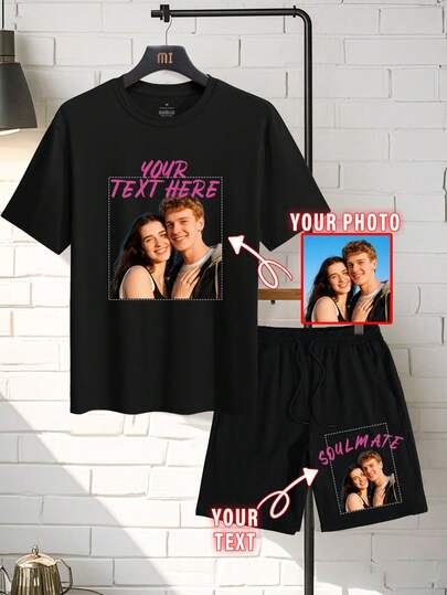 Customized 2 Pieces Set For Men, T-Shirt And Shorts, Casual, Loose, Streetwear, Sportswear, Vacation, Outdoor, Spring, Summer, Autumn, Suitable For Boyfriend, Family, Friends Birthday, Can Use Your Own Photo/Logo, Suitable For Couples, Pranks, Surprise Gifts