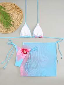 Set bikini sexy 3 bucăți nou, cu top cu șalter și fund și fustă cu cravată, costume de baie în stil european și american