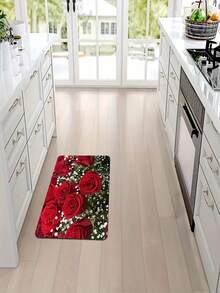 Half-Sheet Romantic Red Rose & White Starry Sky Floral Print Floor Mat, Suitable For Kitchen, Game Room, Laundry Room, Bathroom, Living Room, Bedroom, Indoor Entrance, Etc. - Red - View 7