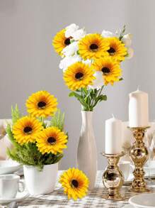 5 Stücke/Set - Sonnenblumen Garten Dekoration - Leuchtend gelbe künstliche Blumen mit schwarzen Samen und grünen Blättern, modernes Metall Outdoor Terrassen Ornament für Zugänge, Terrassen und Gärten, batteriefrei, Garten Ornament, Sommer Feengarten Ornament