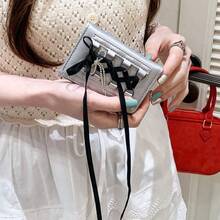 新款甜美蕾丝领带迷你钱包女式极具吸引力按扣三折卡包钱包钱包小钱包可爱女士钱包 - 黑色 - 查看 2