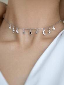 1 Piece Sterling Silver 925 Stylish & Elegant Star Moon Tassel Pendant Necklace - Ideal For Women's Daily, Party, Banquet & Wedding Jewelry Wear. Perfect Jewelry Gifts For Birthdays, Ramadan, Thanksgiving & Anniversary.