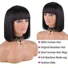 Tóc giả bob bằng tóc thật có mái, dễ đội, không cần keo dán, tóc giả thẳng bằng máy, độ dày 180%, màu đen có mái dành cho nữ. - Natural Black - Xem 10