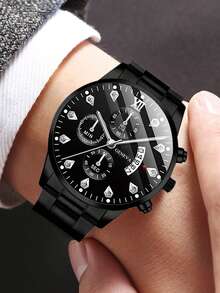 1 chiếc đồng hồ nam dây đen, kiểu dáng thời trang thường ngày, mặt số phối hợp có lịch, máy quartz, thích hợp đeo hàng ngày, làm vật trang trí hoặc quà tặng ngày lễ. - màu đen - Xem 4