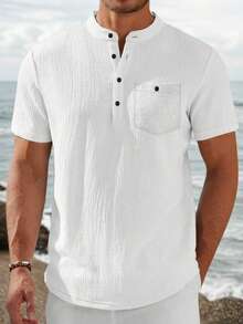 Men's Solid Color Front Button Short Sleeve Pocket Casual Shirt, White Buttons, Suitable For Outdoor - White - View 1