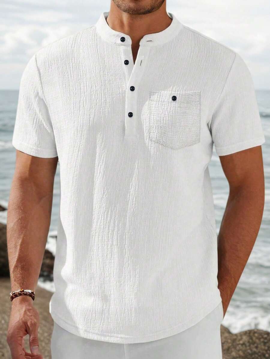 Men's Solid Color Front Button Short Sleeve Pocket Casual Shirt, White Buttons, Suitable For Outdoor - White - View 1