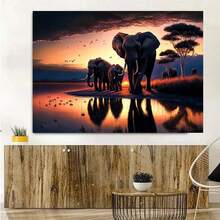 1 Stück Wandkunst Poster wahlweise mit Rahmen wilde Elefanten Sonnenuntergang Landschaft Elefant Tier Kunst Poster Leinwand Malerei Wandbilder Wohnzimmer Heimdekoration Leinwand, ohne Rahmen - Verschiedenfarbig - Übersicht 4