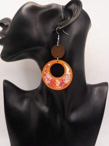1 Pair Bohemian Style Wooden Floral Print Earrings, Double Circle Single-Side Colorful Flower Pattern Unique Yellow Ear Accessories