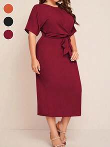 Đầm ngắn tay cổ tròn thắt nơ dáng mini dành cho nữ cỡ lớn, thời trang thanh lịch mùa hè. - Màu Đỏ Sâu - Xem 1