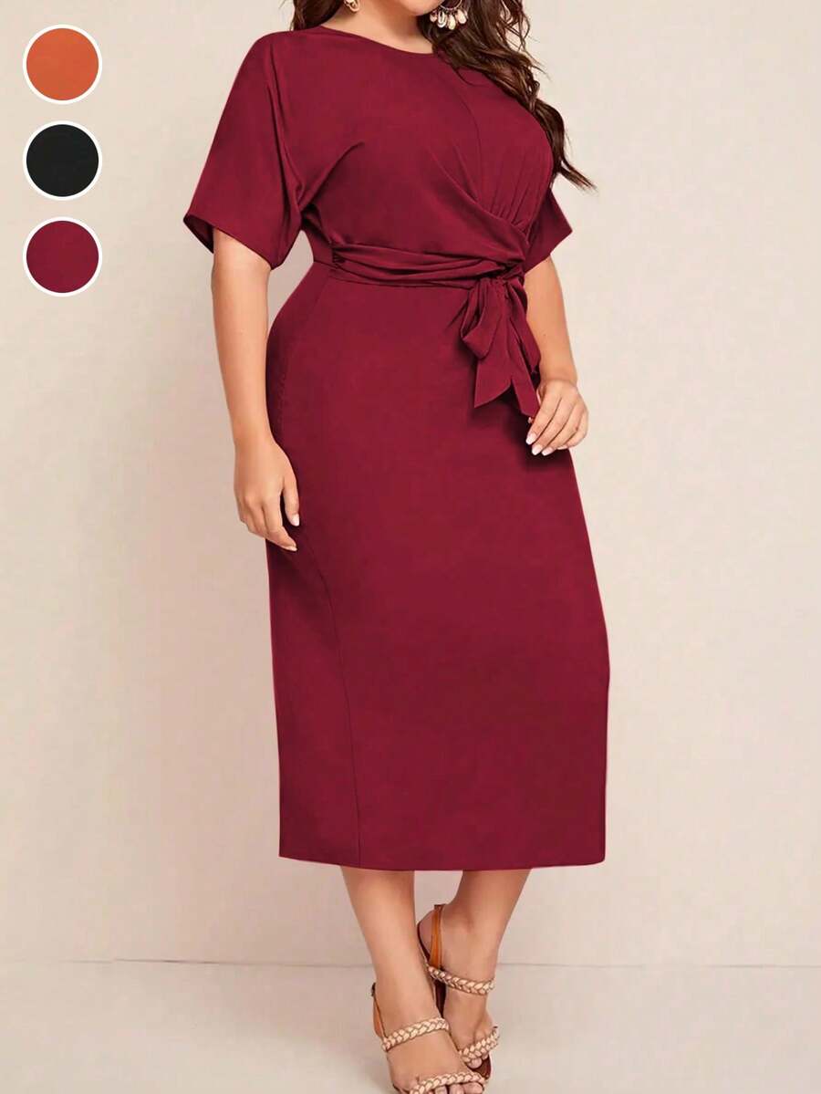 Đầm ngắn tay cổ tròn thắt nơ dáng mini dành cho nữ cỡ lớn, thời trang thanh lịch mùa hè. - Màu Đỏ Sâu - Xem 1