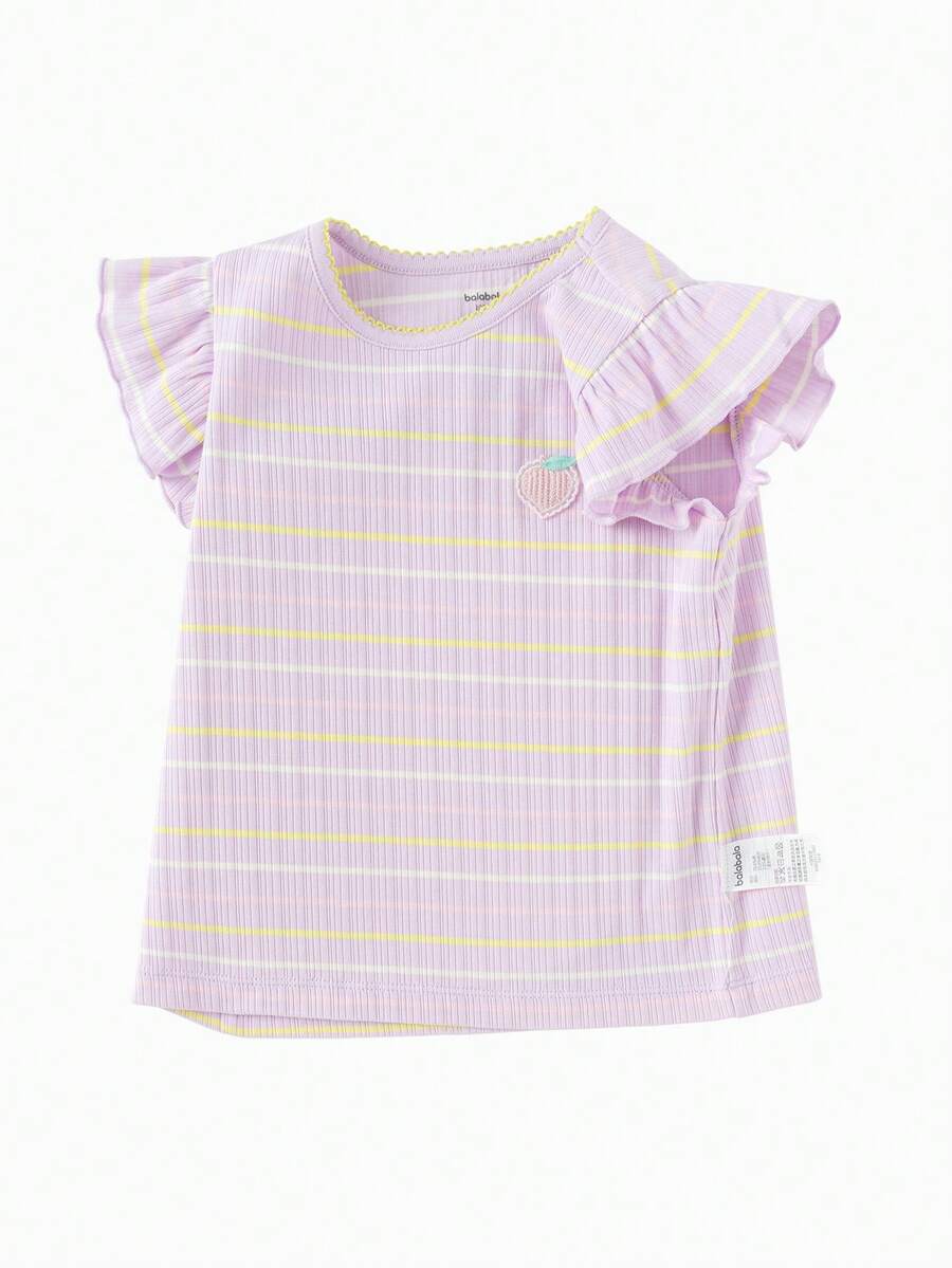 Balabala Baby T-Shirt Girls' Short Sleeve Children's Top 2025 Summer New Striped Tee Sweet Flutter Sleeve - Purple - View 1