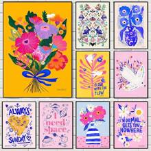 1pc Wall Arts Posters Optional Frame Modern Maximalist Art Poster Pink Floral Wall Art Picture Bright Colors Boho Art Print Canvas For Modern Living Room Bedroom Home Decor