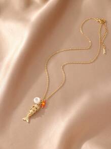 GEREIT 1pc Natural Stone Gold Fish Pendant Necklace For Women, Suitable For Daily Wear And Beach Vacation