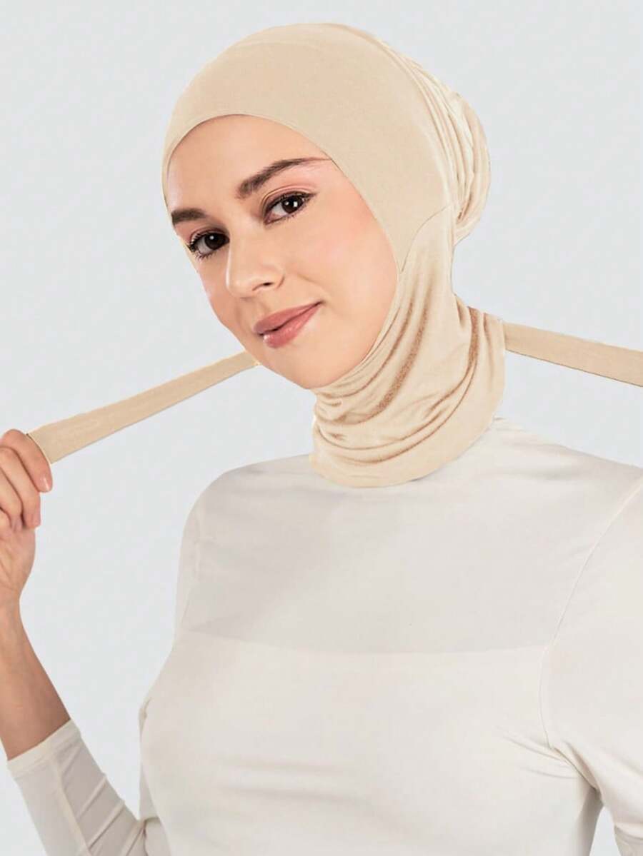 1pc Women Solid Color Elastic Drawstring Headwrap, Neck Gaiter, Turban, Breathable Stretchy Wide Brim Sweatband Multipurpose Head Wrap, Suitable For Daily Life, Sports, Yoga, Fitness And Fashion Outfit - Beige - View 1