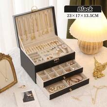 Three Layers Of Double Selection Faux Leather Jewelry Storage Box, Exquisite Necklace Earrings Golden Jewelry Hand Jewelry Box, Large Capacity Jewelry Organizing Box, Lock And Soft Lined Drawer - The Ideal Gift For Women Gift For Valentine's Day - Multicolor - View 16