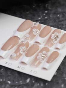 10pcs Sweet And Fresh White Carved Square Press On Nails, Minimalist Three-Dimensional Flower French-Style Handmade Fake Nails, White Flower Design, Flower Core Embellished With Shiny Rhinestones, Essential Nail Art For Summer, Suitable For Daily, Casual And Relaxed Occasions, The Best Gift For Women And Girls Nail Supplies Handmade Press On Nails - Multicolor - View 1