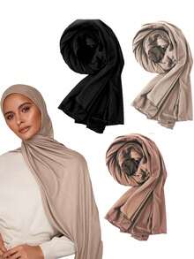 3pcs Solid Color Stretchy Breathable Knit Fabric Casual Hijab Wraps Turbans, Summer For Dress - Multicolor - View 5